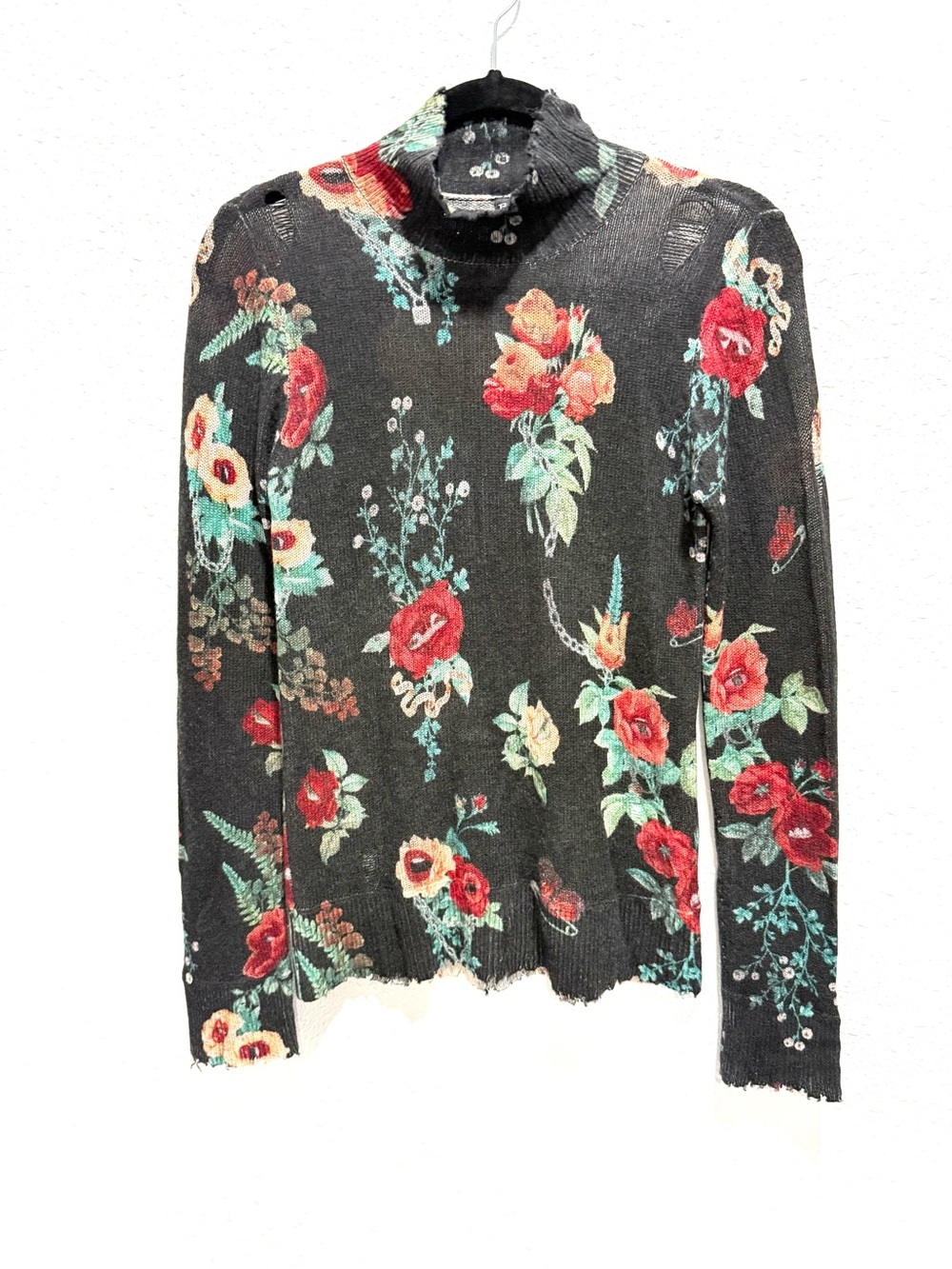R13 distressed 100% cashmere Black Floral Mock Neck Sweater M - Picture 9 of 9